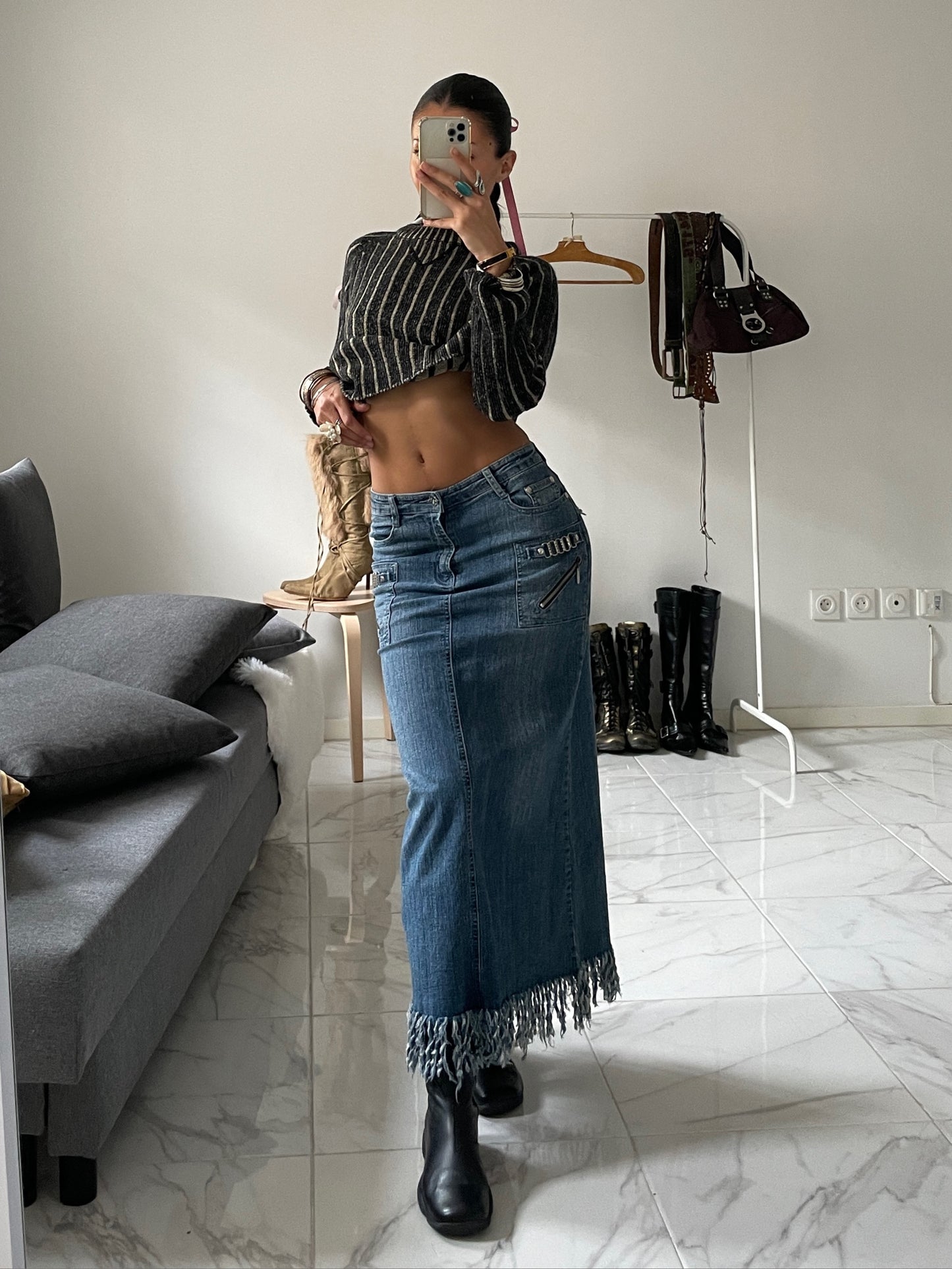 Vintage y2k fringed denim long skirt