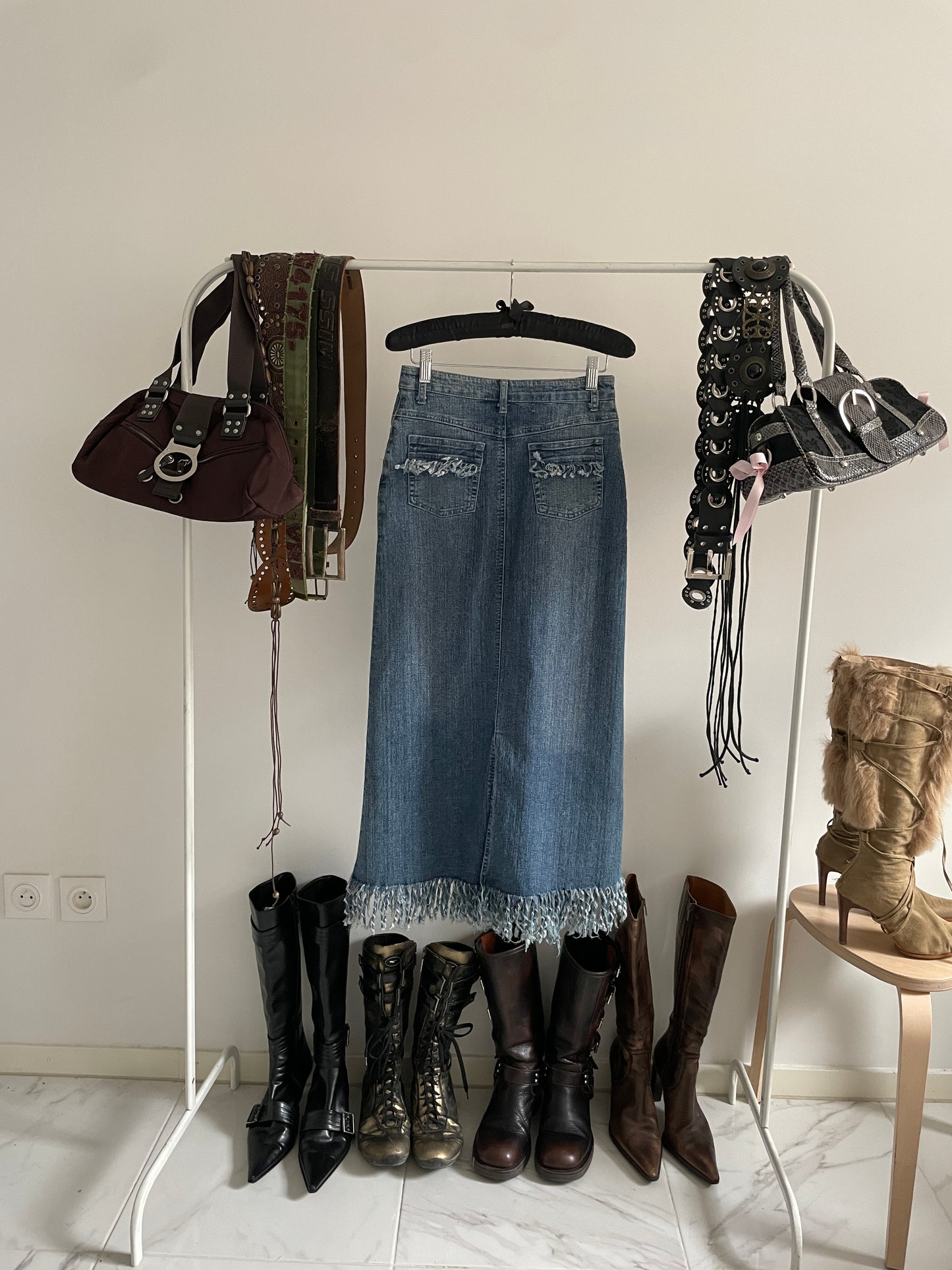 Vintage y2k fringed denim long skirt