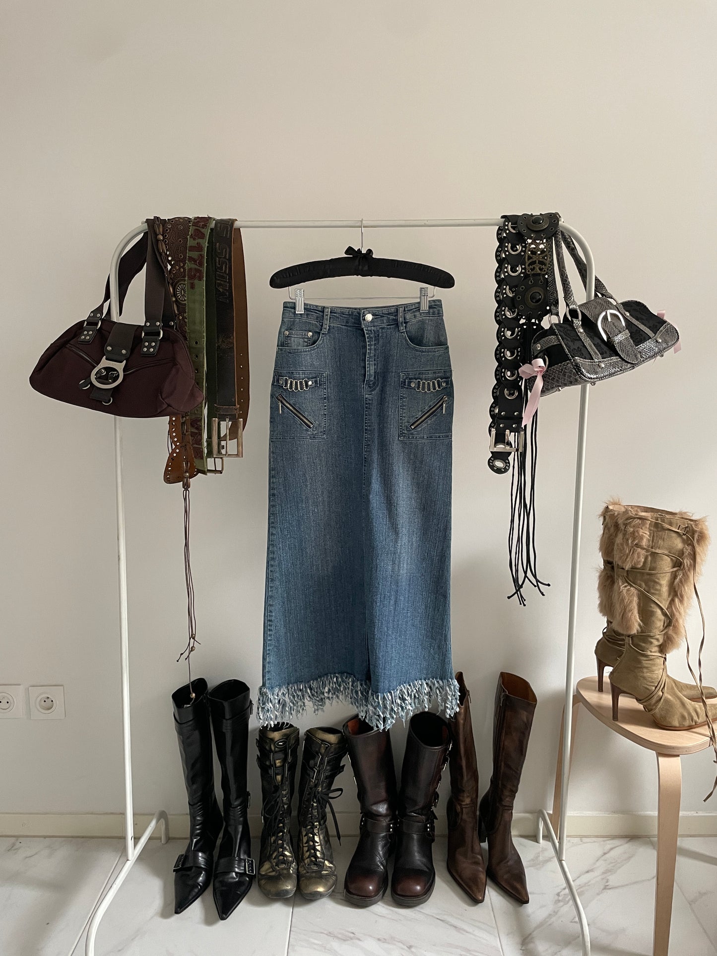 Vintage y2k fringed denim long skirt