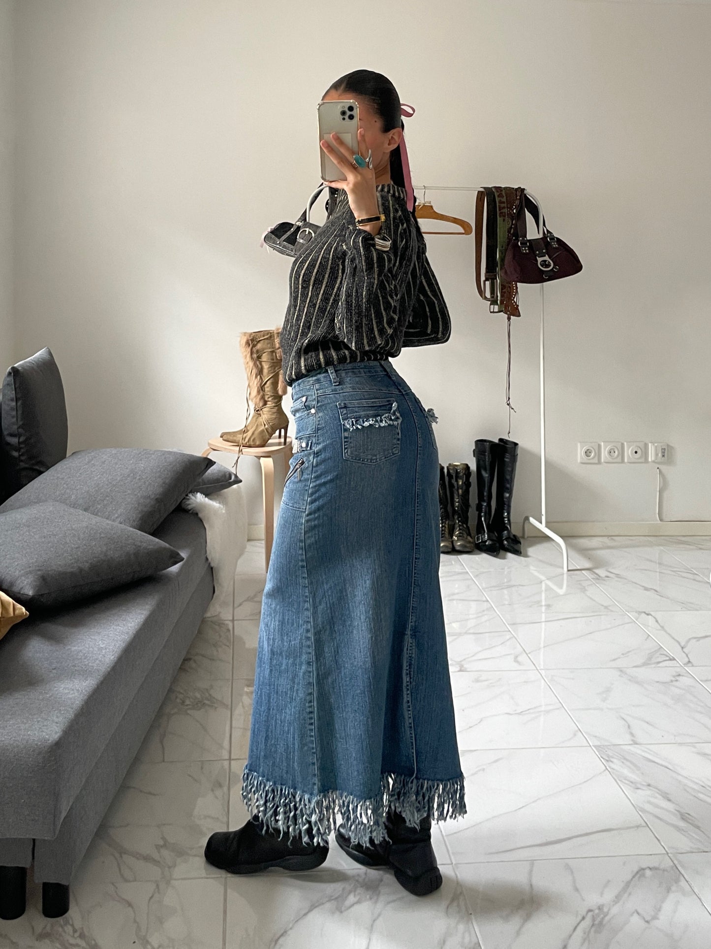 Vintage y2k fringed denim long skirt